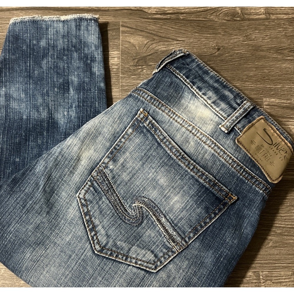 Silver Jeans Girlfriend MidRise Bleach Splatter Distressed Jean SZ 31x27 (32x28)